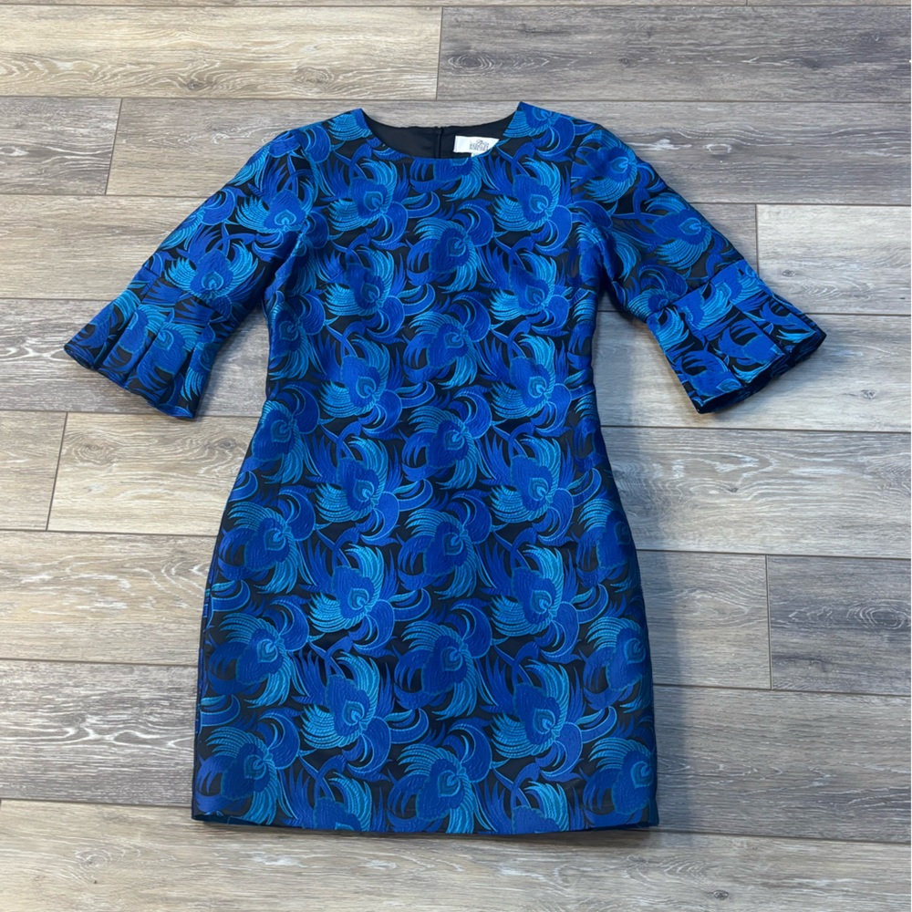 Badgley Mischka Belle Dress Women’s Sz 4 Blue Jacquard Peacock Evening Holiday